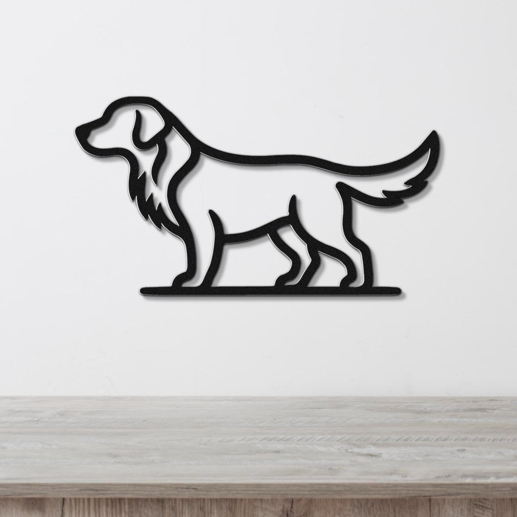 Black metal wall art featuring a retriever silhouette with a long tail and floppy ears, mounted on a white wall above a light wood surface.
