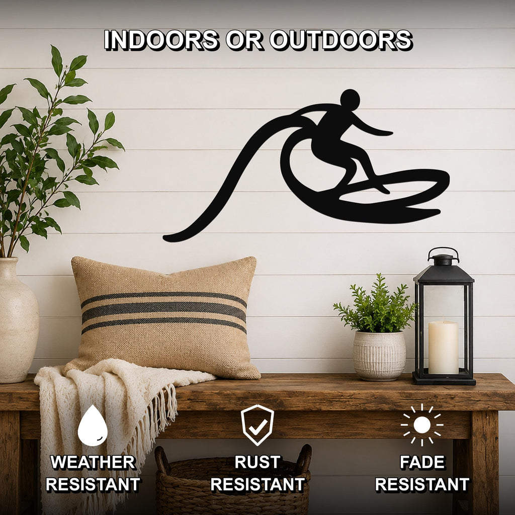 Black metal surfer wall art with motion-line cutouts, mounted on a white shiplap wall above a wooden bench in a living room.