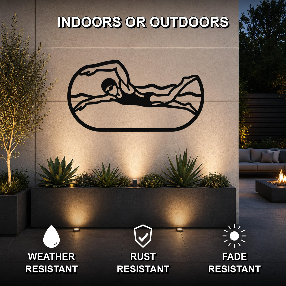Black metal swimmer wall art with motion-line cutouts, mounted on an outdoor wall above a planter in a modern patio setting.