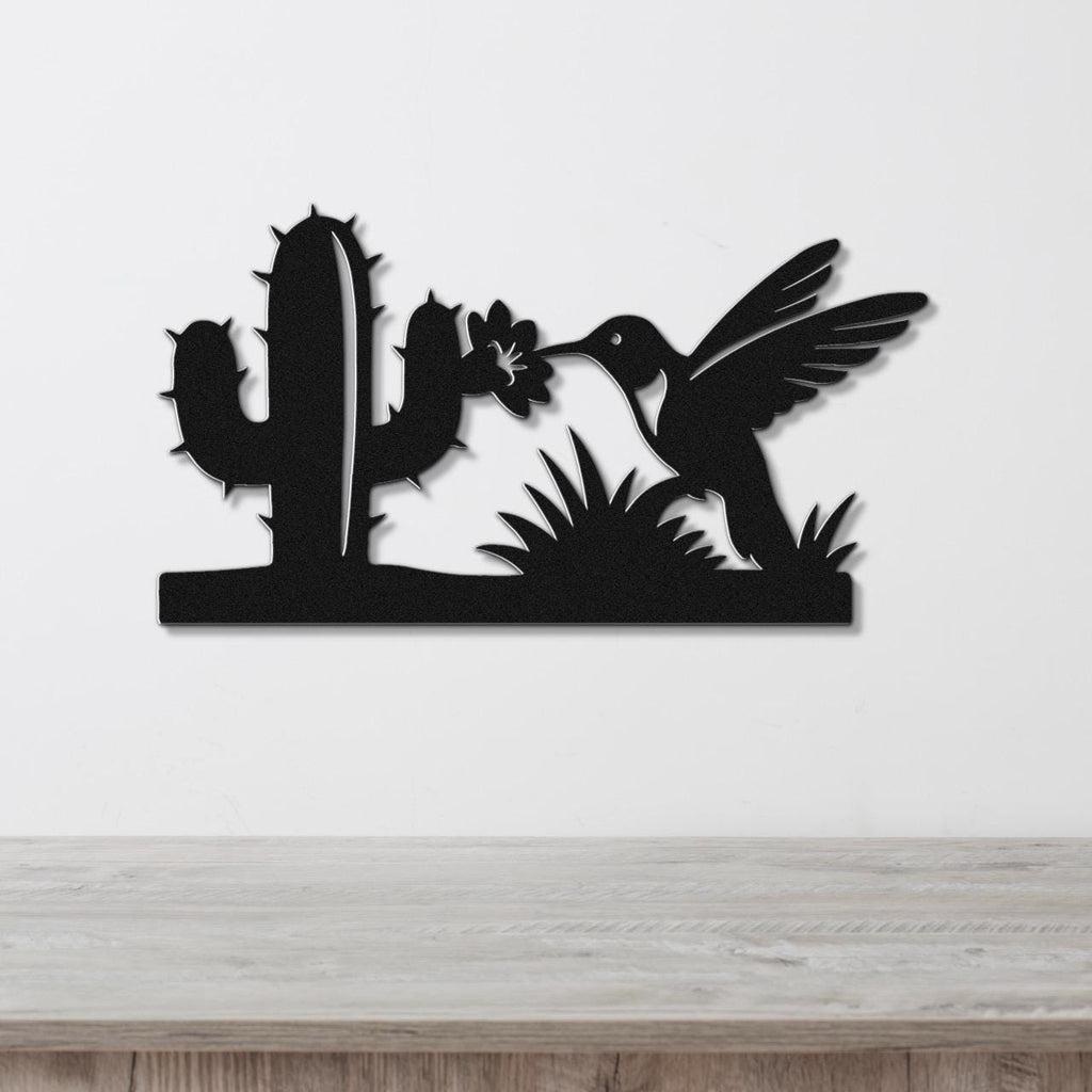 Southwestern Decor Metal Wall Art - Desert Wildlife Silhouette - Hummingbird and Saguaro Design, Steel, Indoor Outdoor Accent
