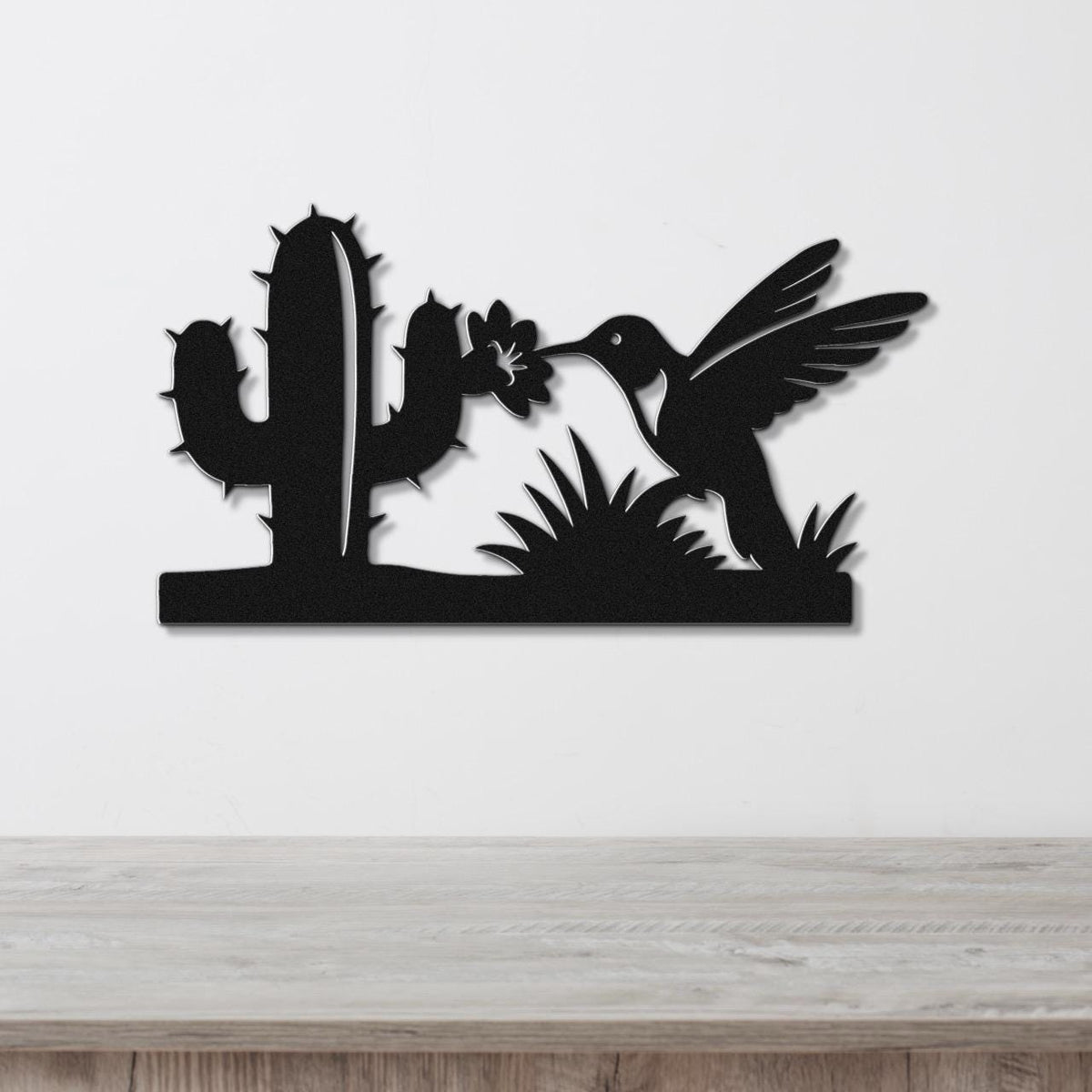Southwestern Decor Metal Wall Art - Desert Wildlife Silhouette - Hummingbird and Saguaro Design, Steel, Indoor Outdoor Accent