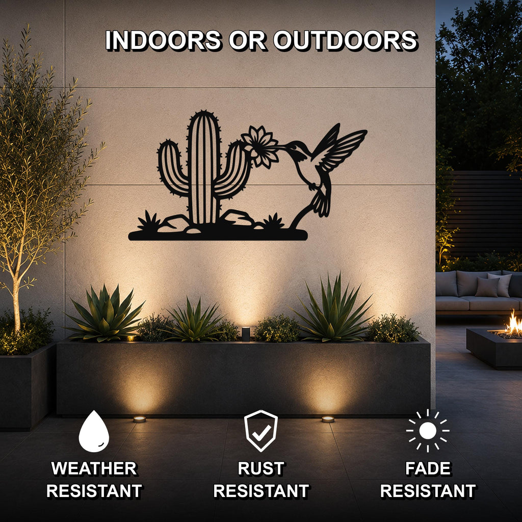 Metal Wall Art Desert Wildlife Sculpture - Sonoran Hummingbird with Saguaro Cactus, Weatherproof Steel, Indoor Outdoor Southwestern Decor