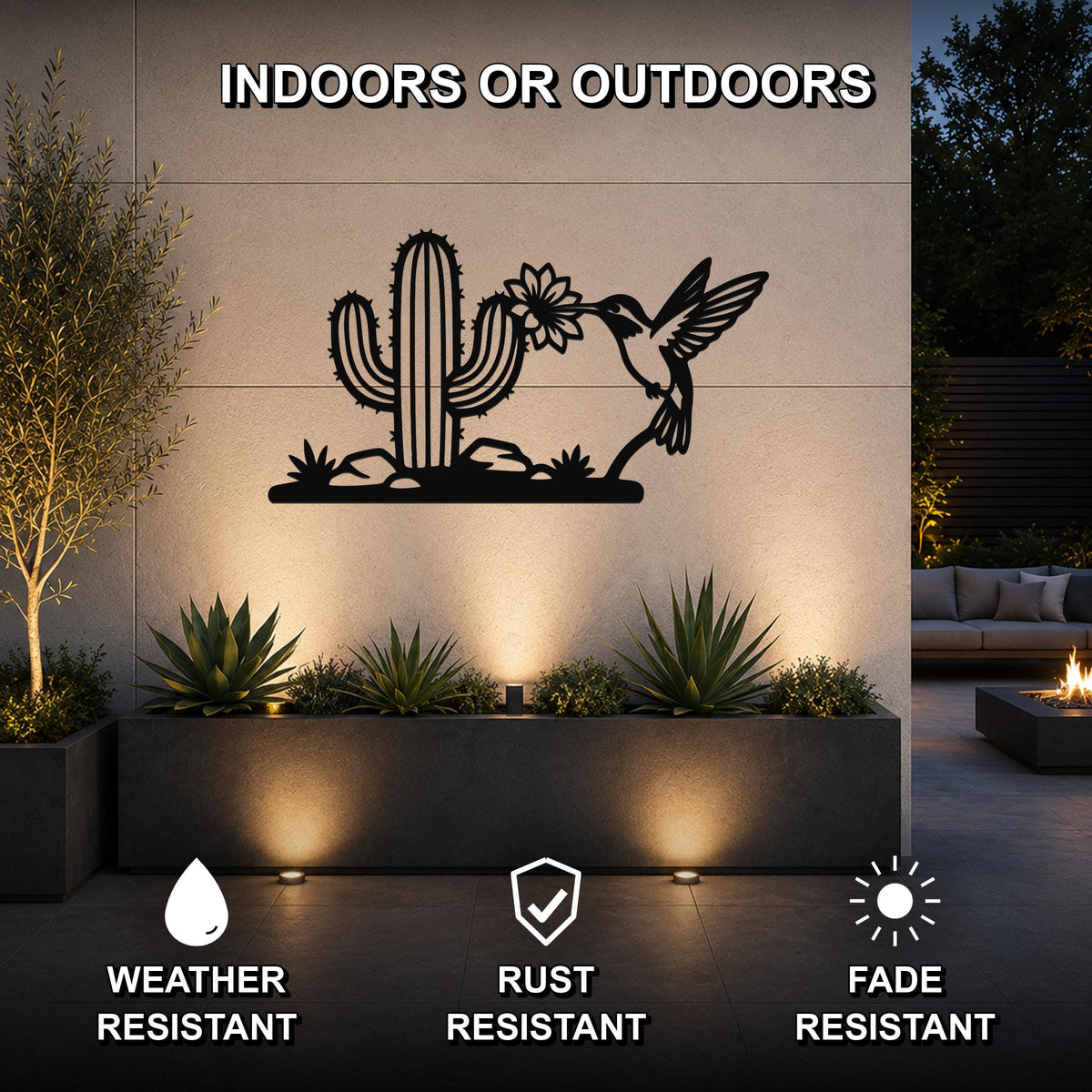 Metal Wall Art Desert Wildlife Sculpture - Sonoran Hummingbird with Saguaro Cactus, Weatherproof Steel, Indoor Outdoor Southwestern Decor