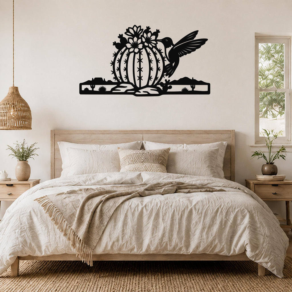 Barrel Cactus Metal Wall Art Desert Life Sculpture, Hummingbird Detail (Weatherproof Steel, Indoor Outdoor, Southwestern Style)