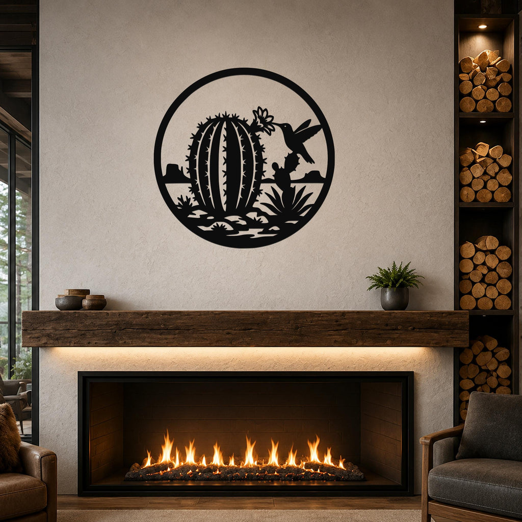 Barrel Cactus Metal Wall Art: Desert Hummingbird Silhouette - Weatherproof Steel, Indoor Outdoor Use, Southwestern Style