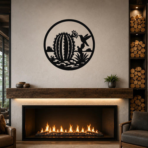 Barrel Cactus Metal Wall Art: Desert Hummingbird Silhouette - Weatherproof Steel, Indoor Outdoor Use, Southwestern Style