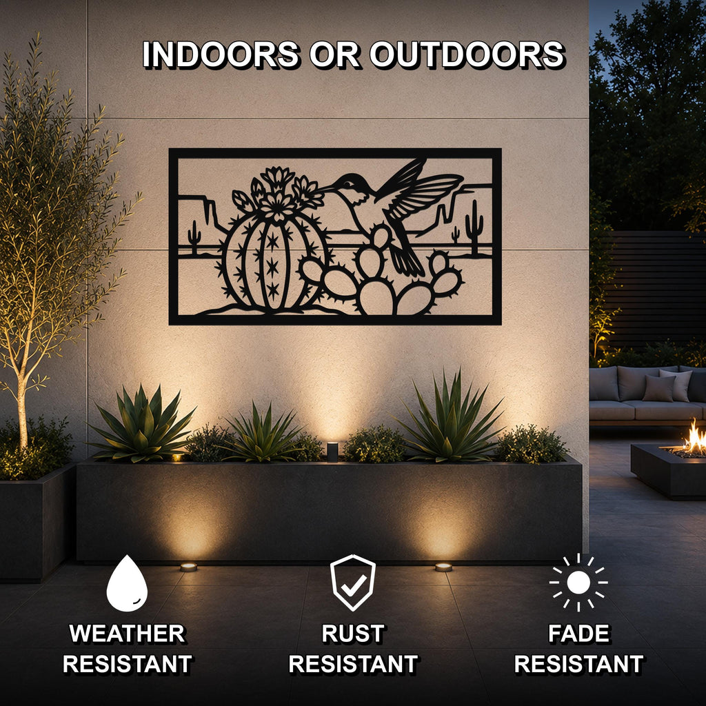 Desert Wildlife Art Metal Bird Sculpture: Southwest Botanical Scene, Weatherproof Metal (Indoor Outdoor Use, Nature Inspired Wall Decor)