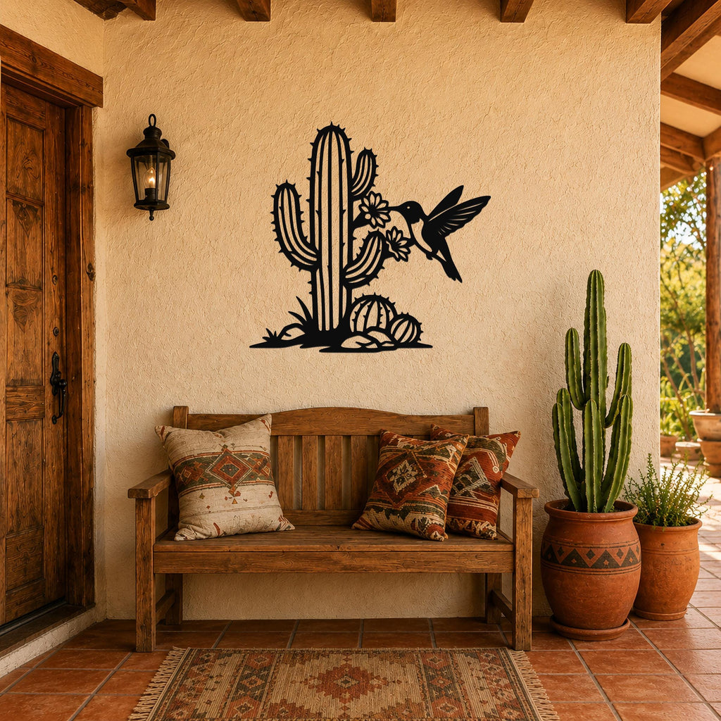 Southwestern Decor Metal Wall Art - Sonoran Desert Scene with Layered Cactus and Hummingbird - Weatherproof Steel, Indoor Outdoor Display