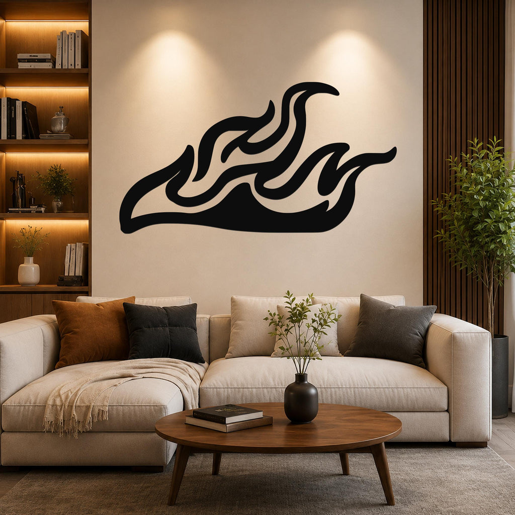 Black metal flame wall art with flowing silhouette cutouts, mounted above a beige sofa in a modern living room.