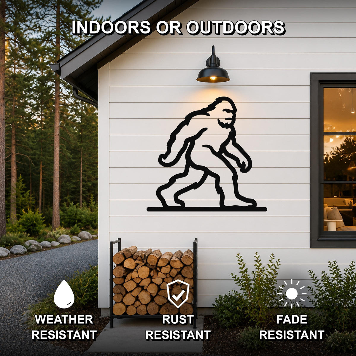 Black metal Bigfoot silhouette wall art mounted on a white exterior wall above a firewood rack, with text indicating it is weather, rust, and fade resistant for indoor or outdoor use.