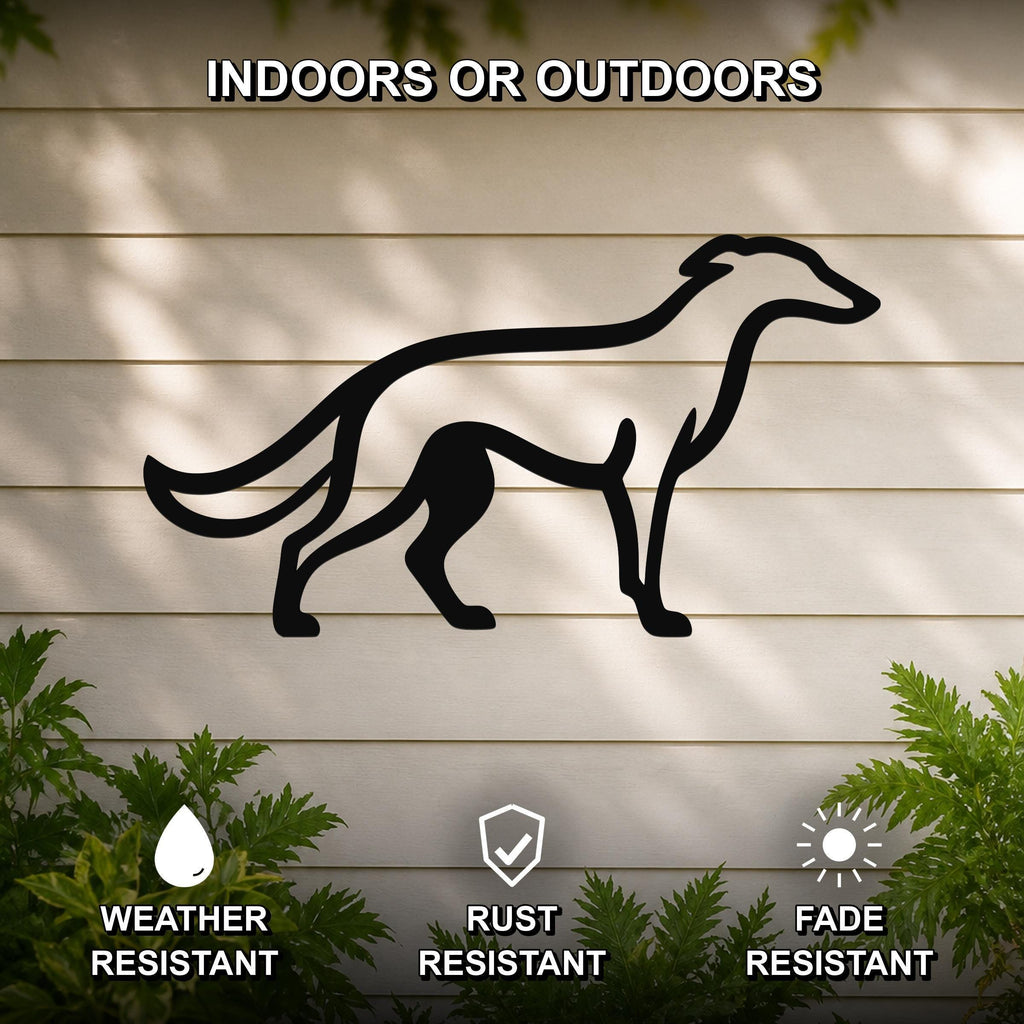 Black metal Borzoi dog silhouette wall art mounted on a light-colored outdoor wall, with green plants at the base and text indicating it is weather, rust, and fade resistant.