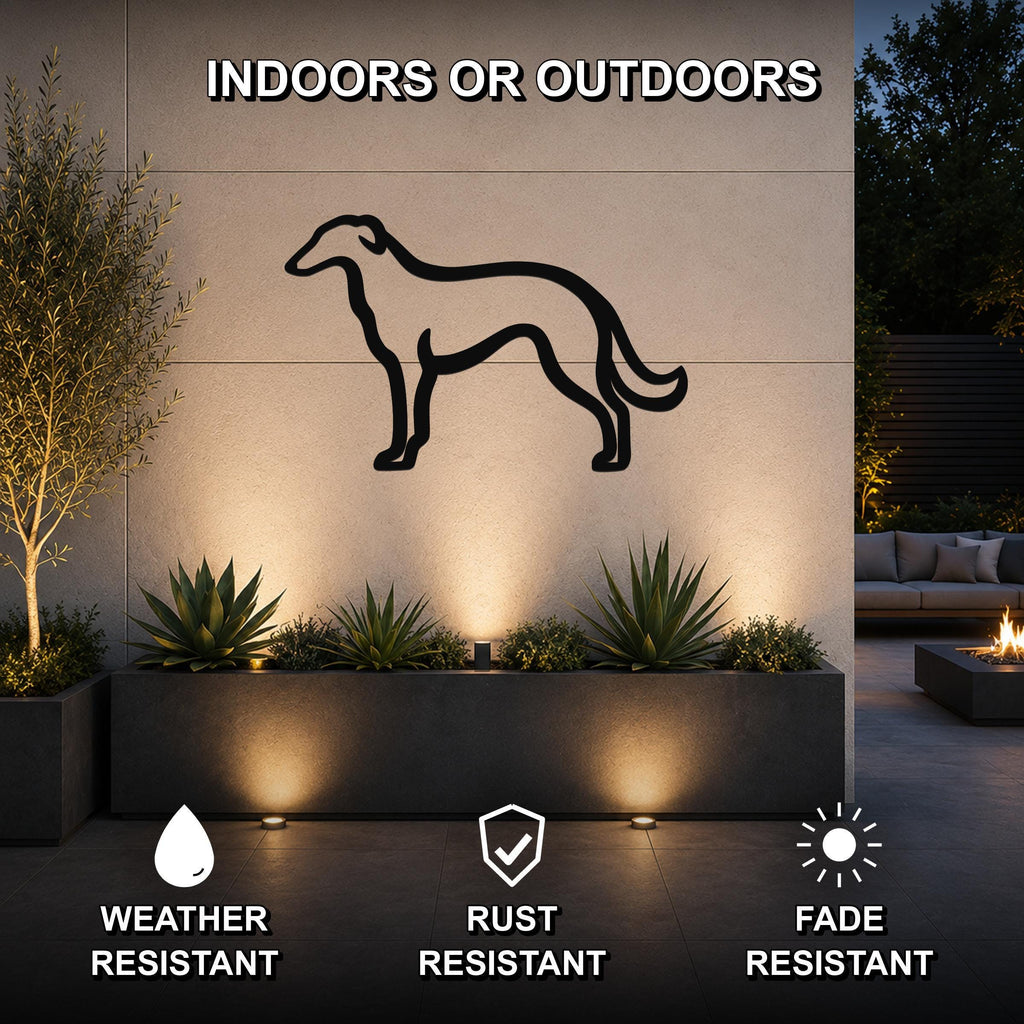 Black metal Borzoi dog silhouette wall art mounted on an outdoor wall above a planter, with text indicating it is weather, rust, and fade resistant for indoor or outdoor use.