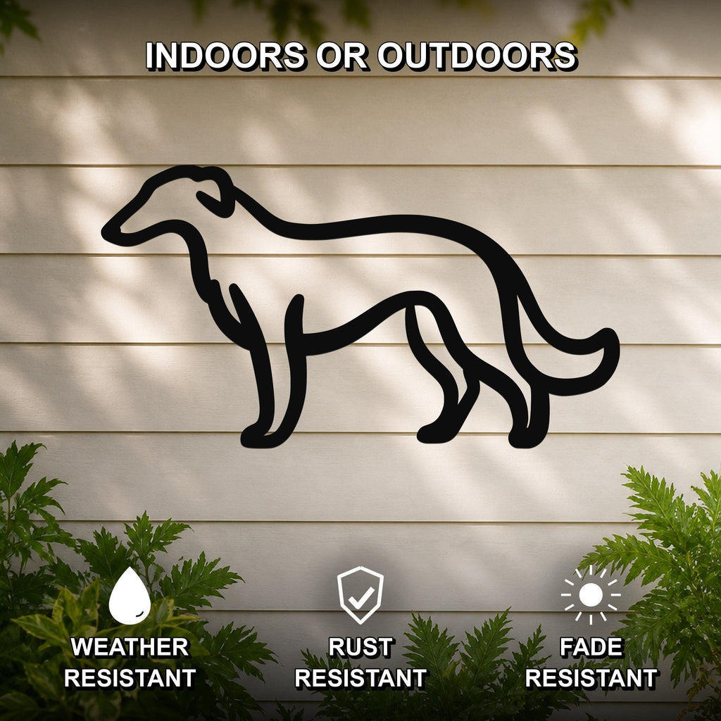 Black metal Borzoi dog silhouette wall art mounted on a light-colored outdoor wall, with green plants at the base and text indicating it is weather, rust, and fade resistant for indoor or outdoor use.