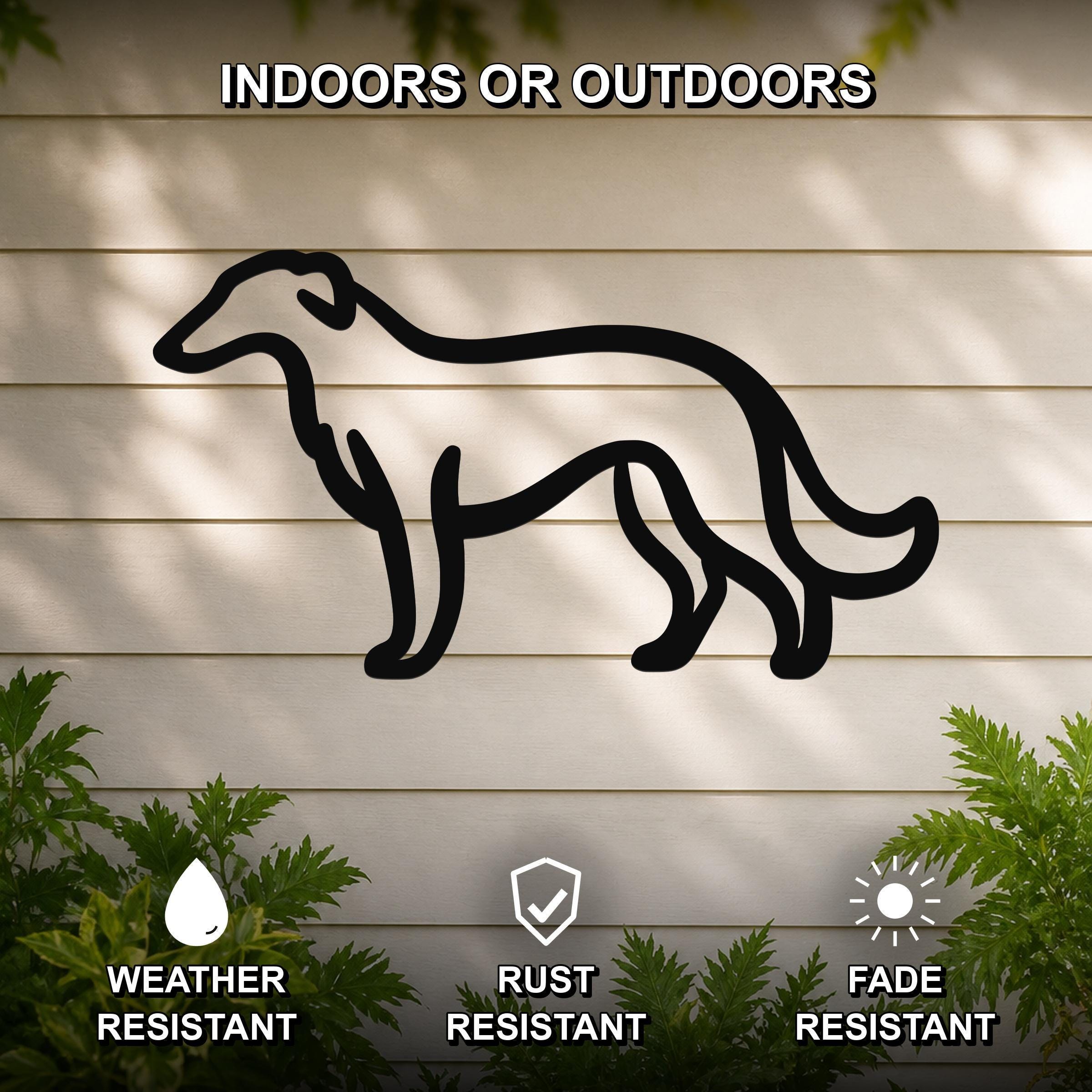 Black metal Borzoi dog silhouette wall art mounted on a light-colored outdoor wall, with green plants at the base and text indicating it is weather, rust, and fade resistant for indoor or outdoor use.