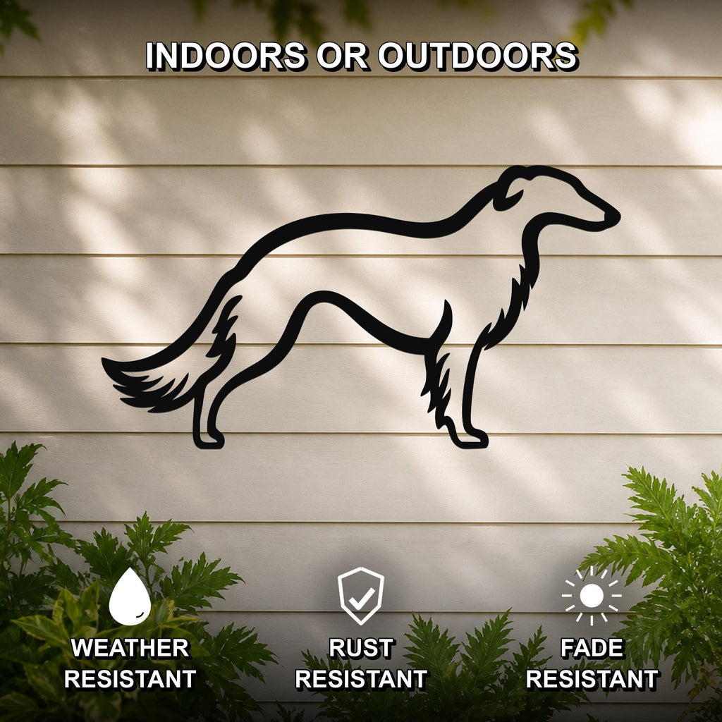 Black metal Borzoi dog silhouette wall art mounted on a light-colored outdoor wall, with green plants at the base and text indicating it is weather, rust, and fade resistant.