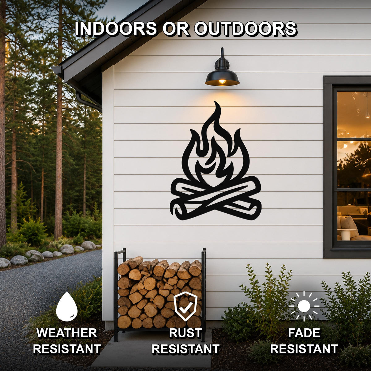 Black metal campfire silhouette wall art mounted on a white siding exterior wall above a firewood rack, with text indicating it is weather, rust, and fade resistant for indoor or outdoor use.