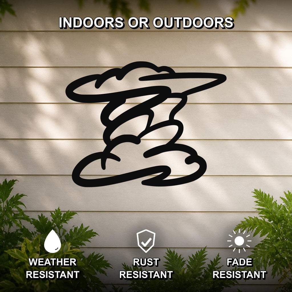 Black metal cloud wall art with swirling cutout design, mounted on a light-colored outdoor wall with greenery below.