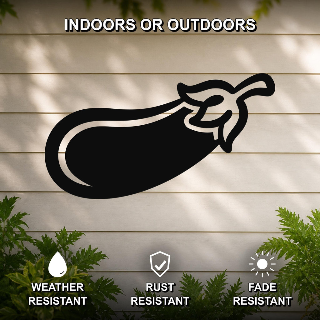 Black metal eggplant wall art silhouette mounted on a light-colored outdoor wall, with green plants visible below and text indicating it is weather, rust, and fade resistant.