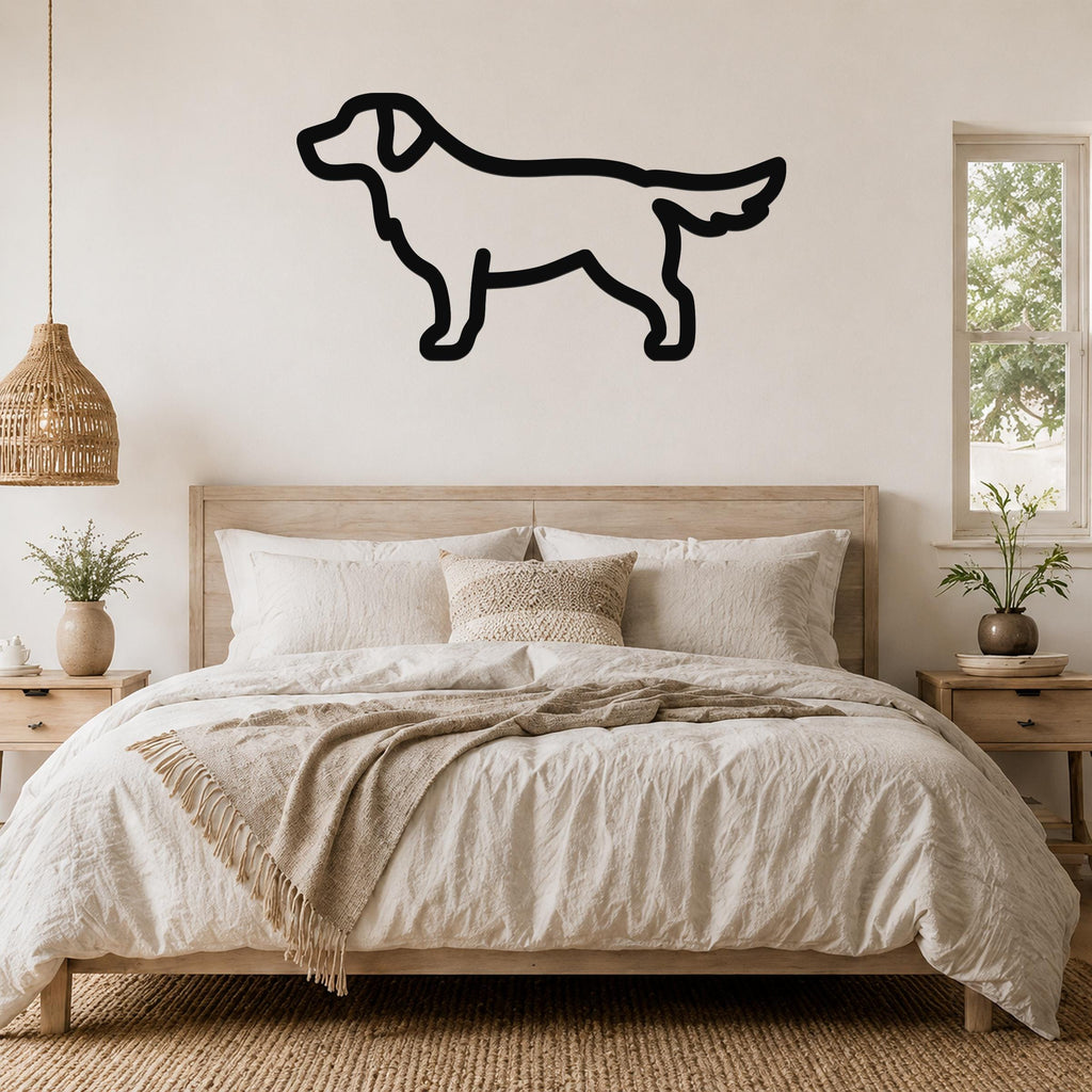 Black metal dog silhouette wall art, a golden retriever outline, mounted above a wooden bed in a neutral bedroom.