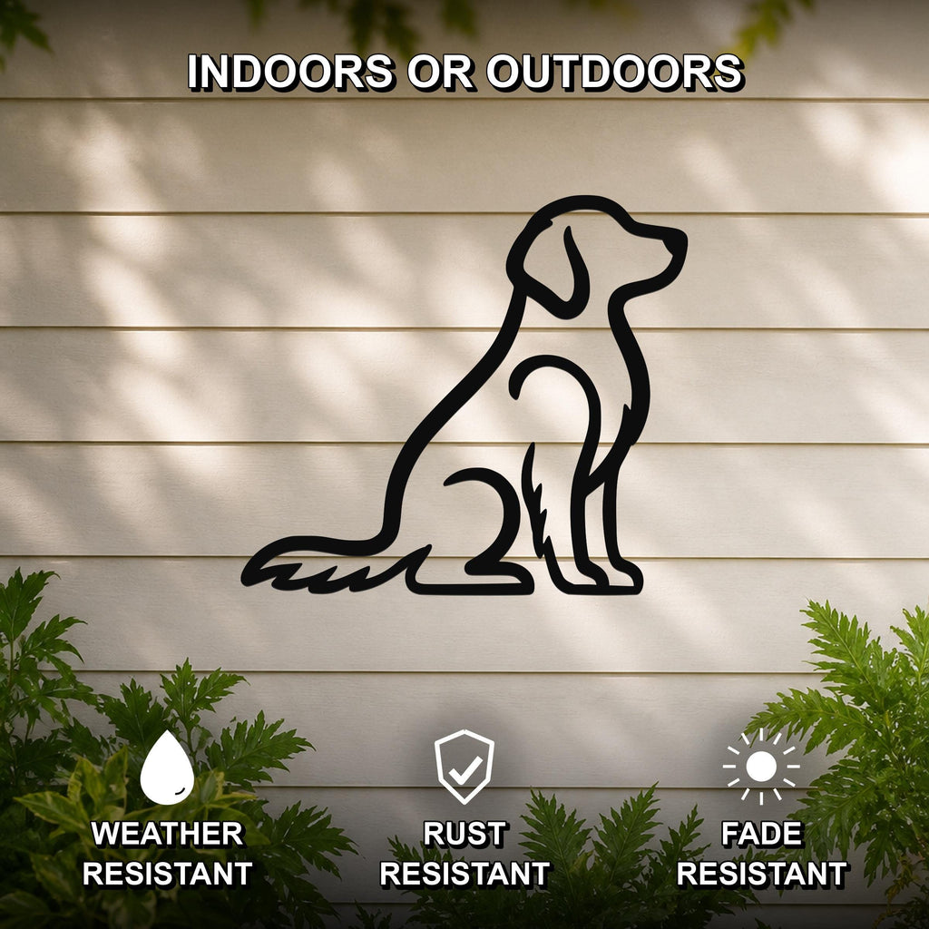 Black metal wall art featuring a sitting dog silhouette, mounted on a light-colored outdoor wall with greenery, weather, rust, and fade resistant.