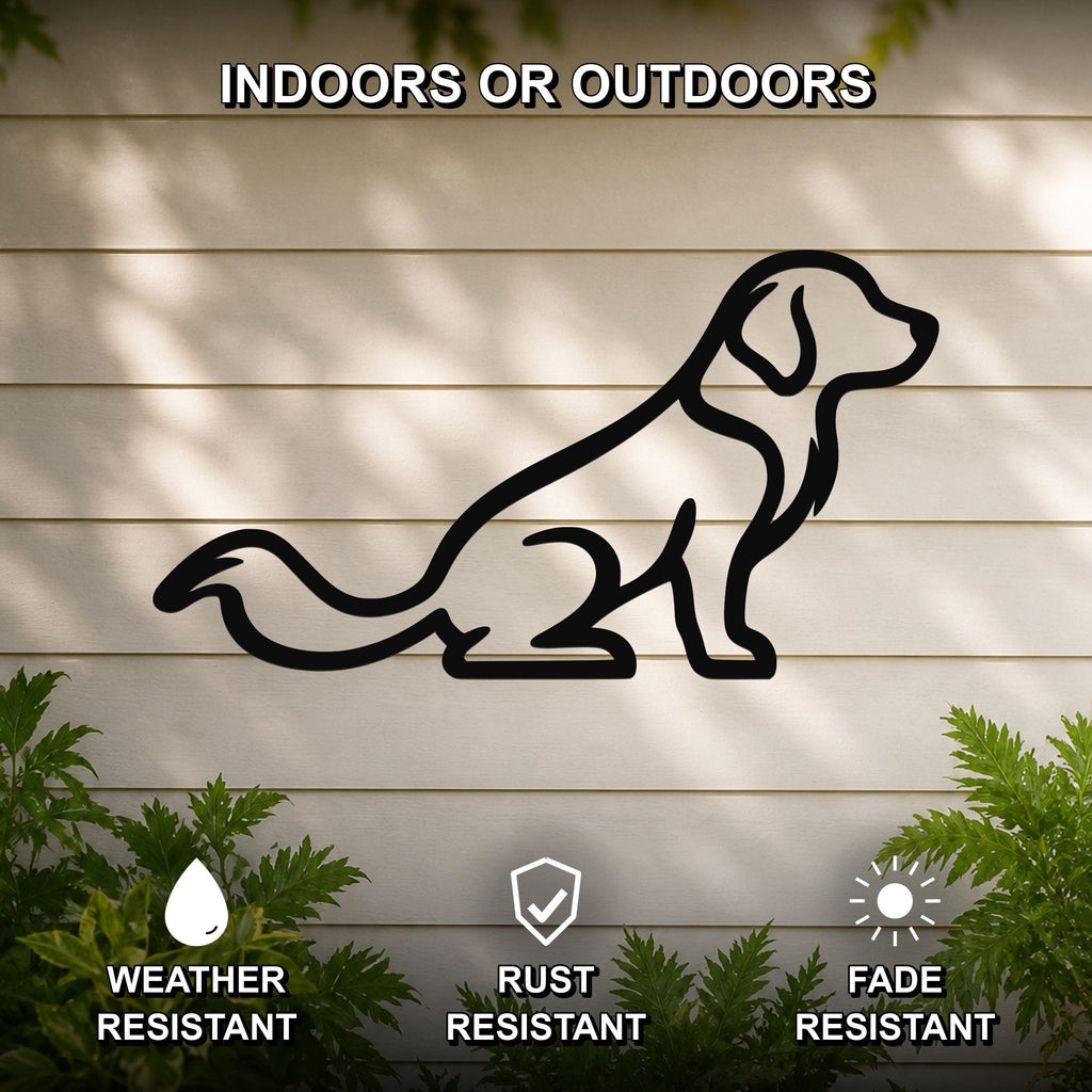 Black metal dog silhouette wall art of a sitting golden retriever, mounted on a light-colored outdoor wall with greenery, weather resistant, rust resistant, and fade resistant.