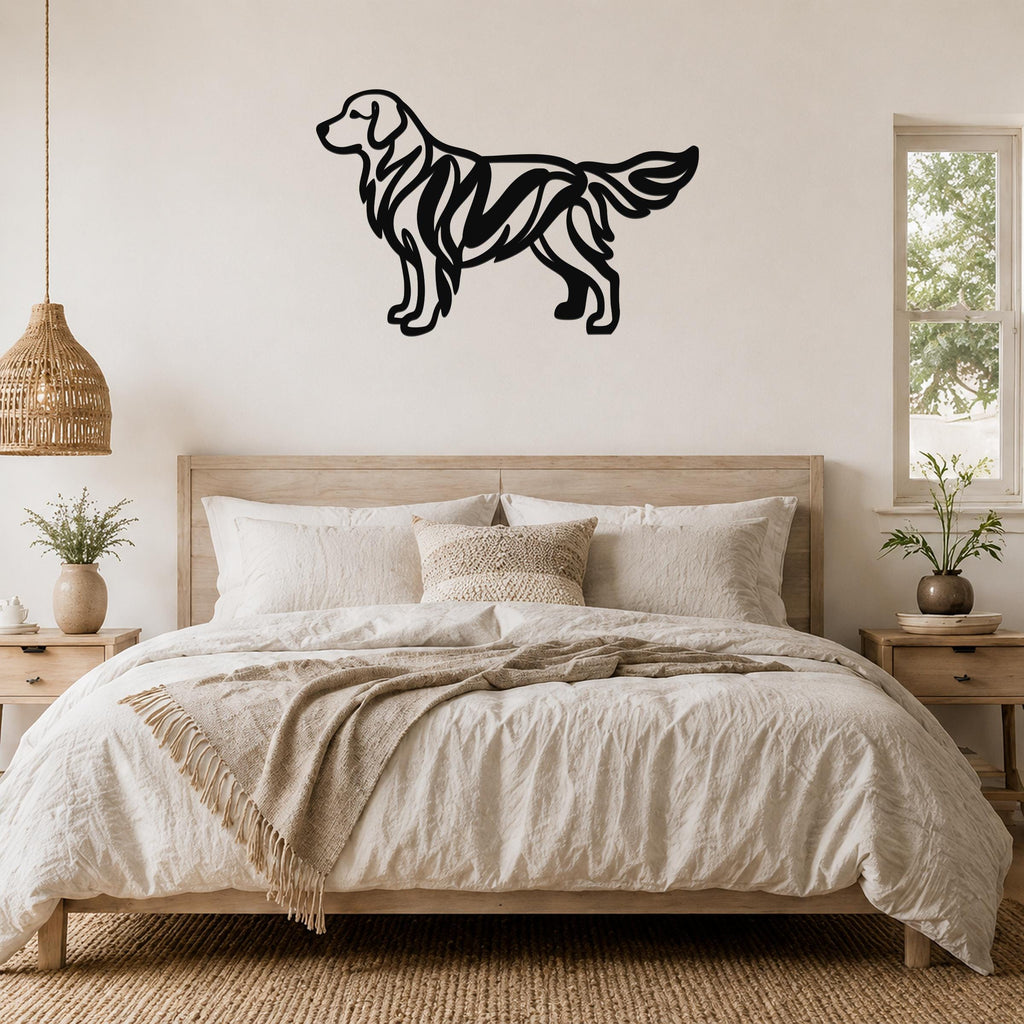 Black metal Golden Retriever wall art with internal cutout patterns, mounted above a wooden bed in a neutral bedroom.