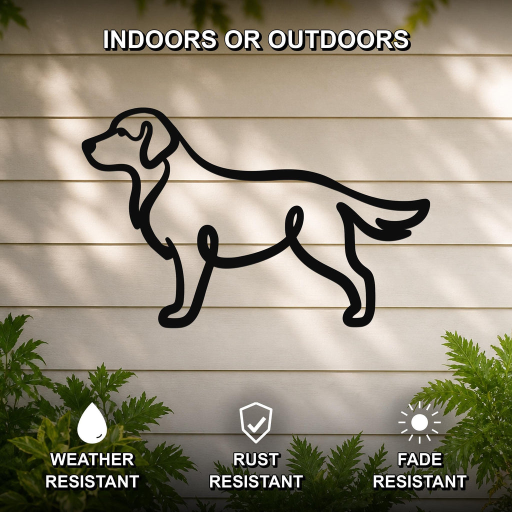 Black metal dog silhouette wall art mounted on a light-colored outdoor wall, with text indicating it is weather, rust, and fade resistant.