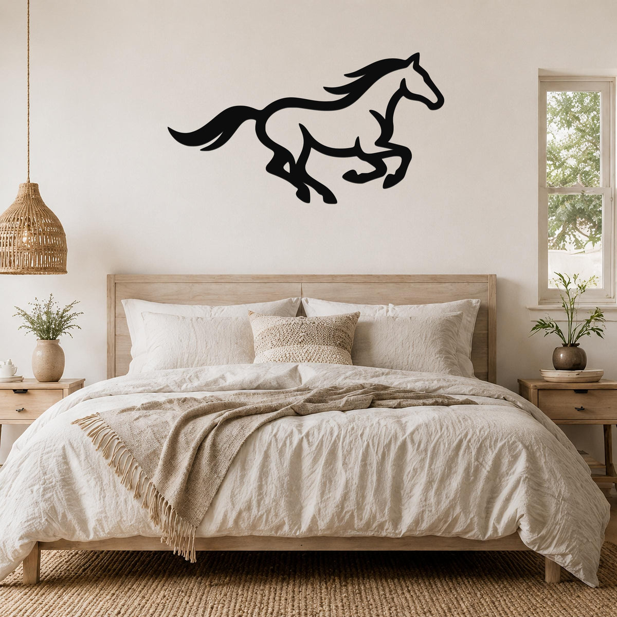 Black metal horse wall art with a running silhouette, mounted above a bed in a rustic bedroom.