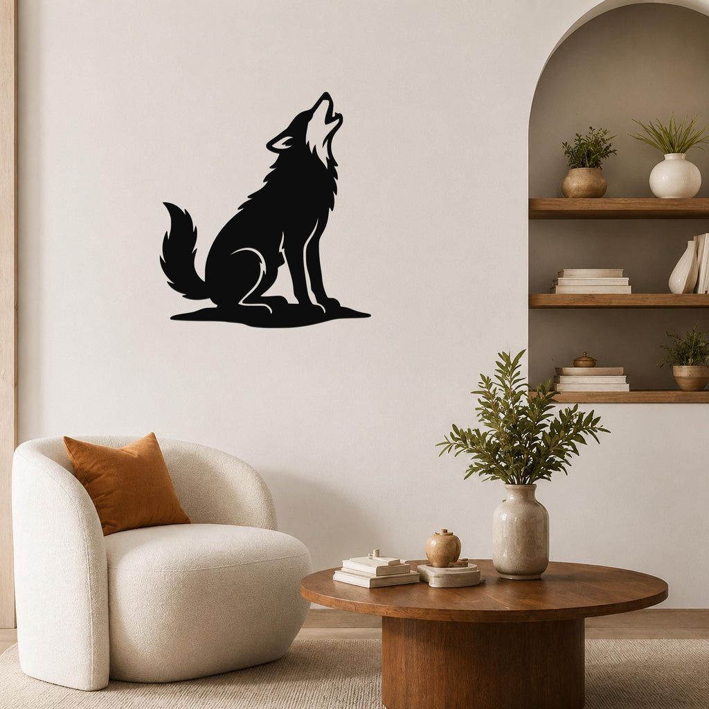 Black metal wall art of a howling coyote silhouette, mounted on a living room wall above a white armchair.