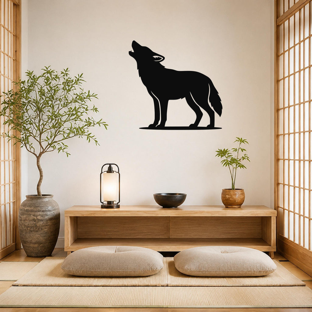 Black metal coyote wall art in a howling silhouette, mounted on a light-colored wall above a wooden console in a minimalist room.