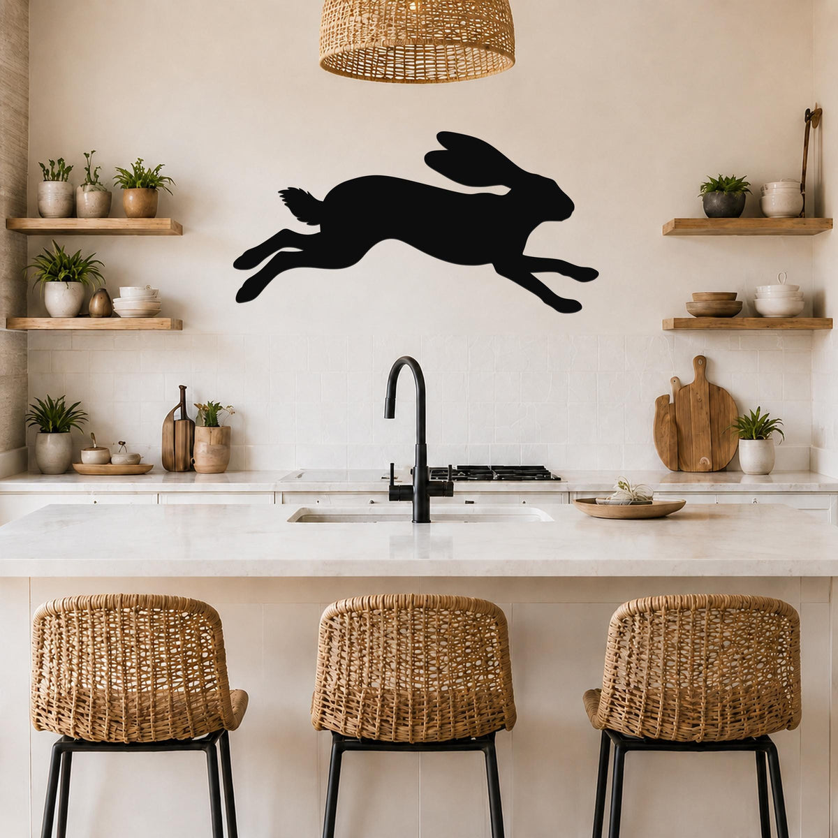 Black metal jackrabbit wall art silhouette with motion lines, mounted above a kitchen counter with wicker stools and wooden shelves.