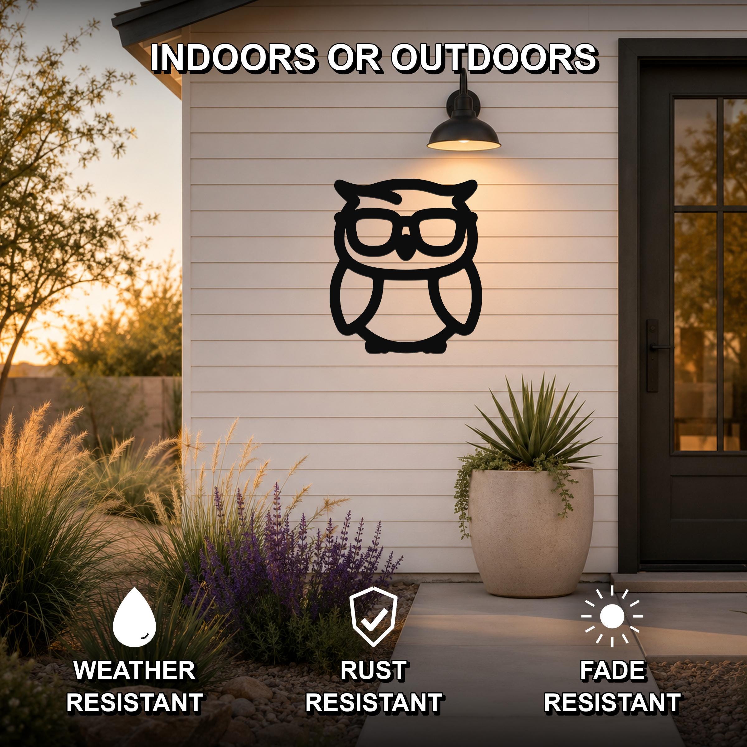 Black metal owl wall art with glasses silhouette, mounted on a white siding wall outside a home entrance, shown with weather, rust, and fade resistance icons.