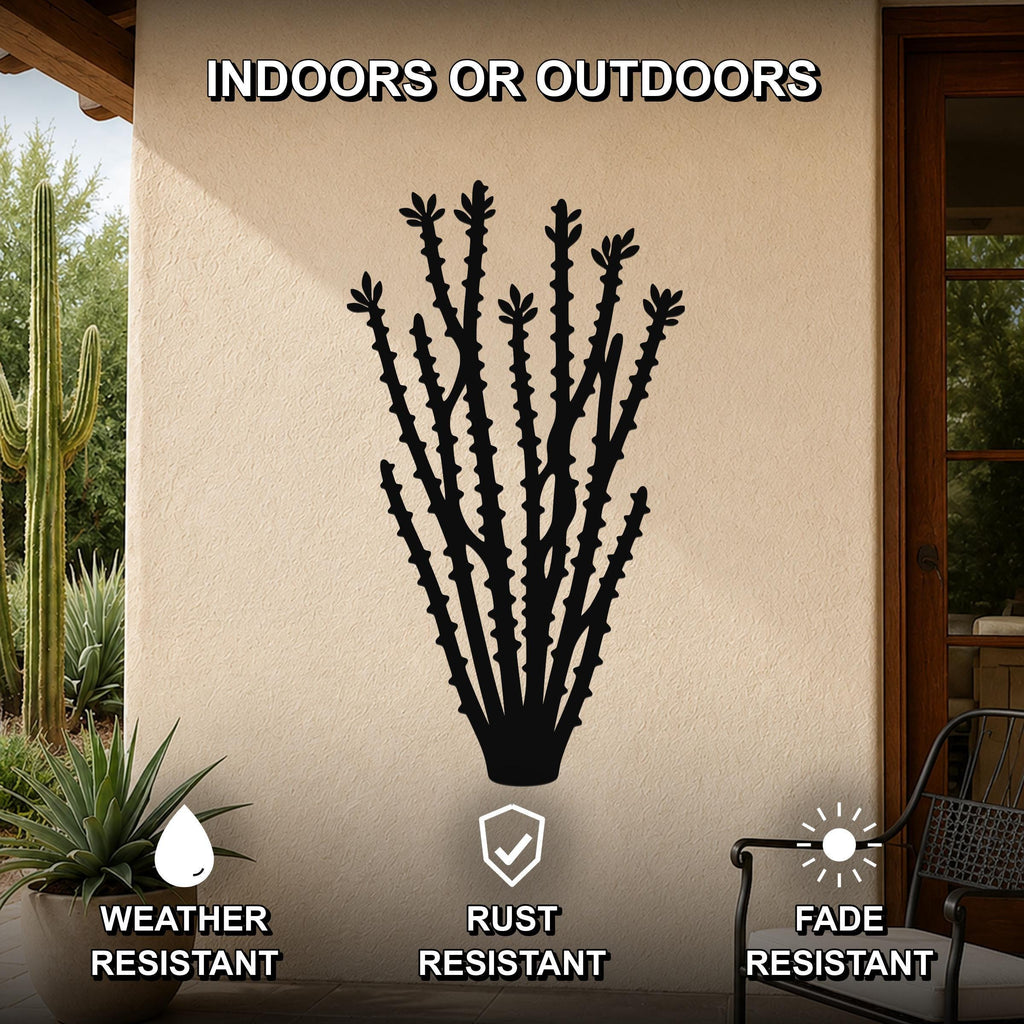 Black metal ocotillo wall art silhouette with spiny branches, mounted on an outdoor patio wall.