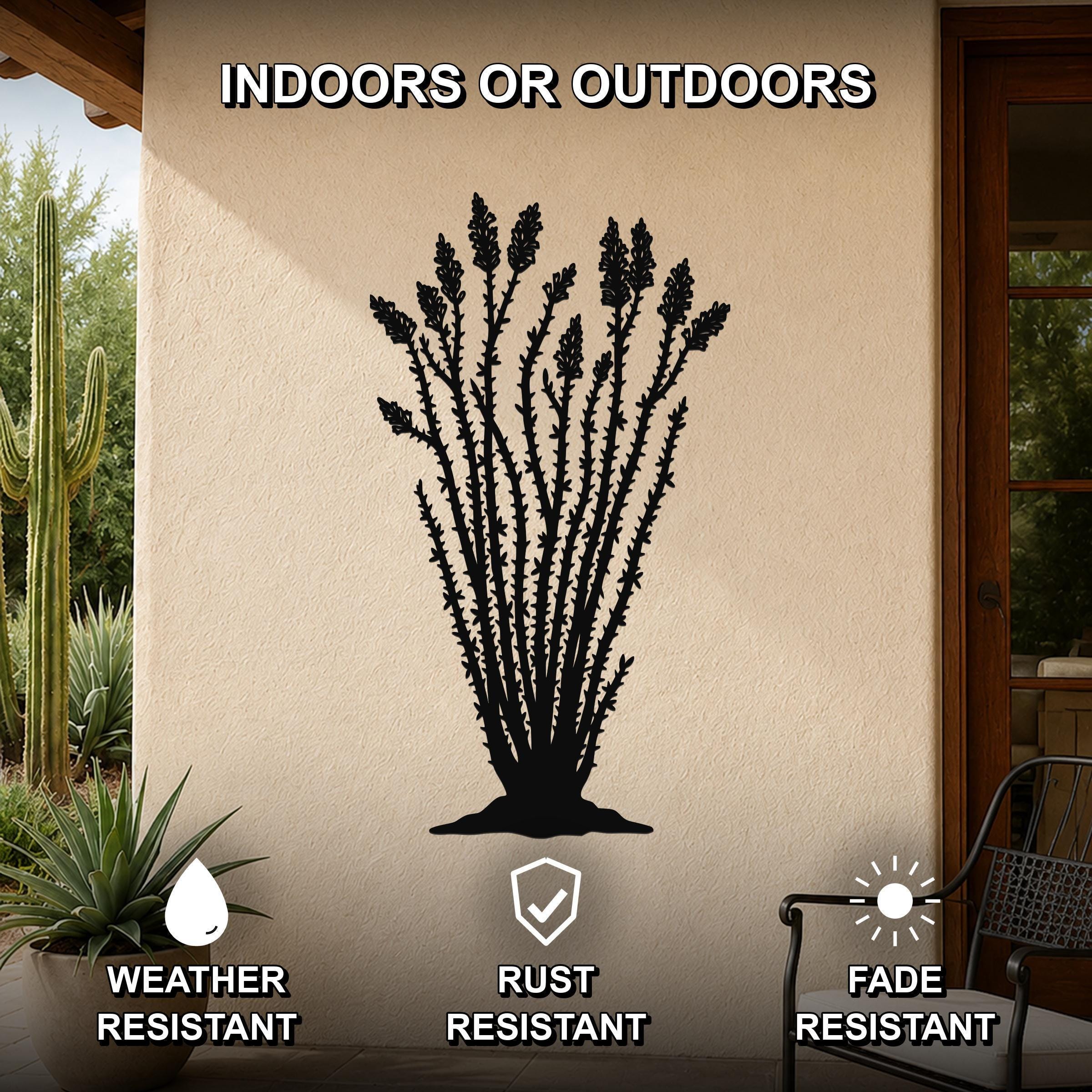 Black metal ocotillo wall art silhouette with detailed branches and flower spikes, mounted on an outdoor patio wall.