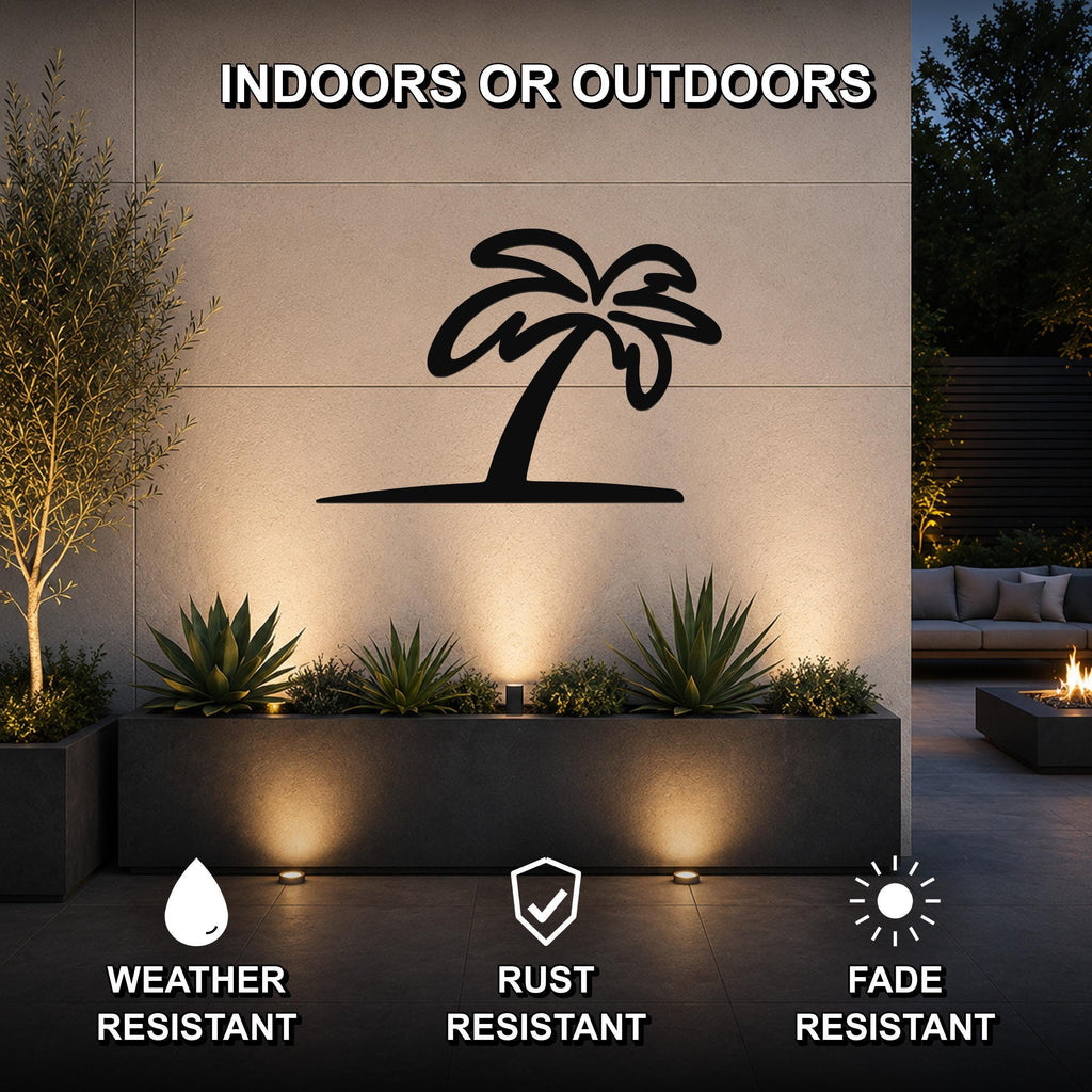 Black metal palm tree wall art silhouette mounted on an outdoor wall above a planter, with text indicating it is weather, rust, and fade resistant for indoor or outdoor use.