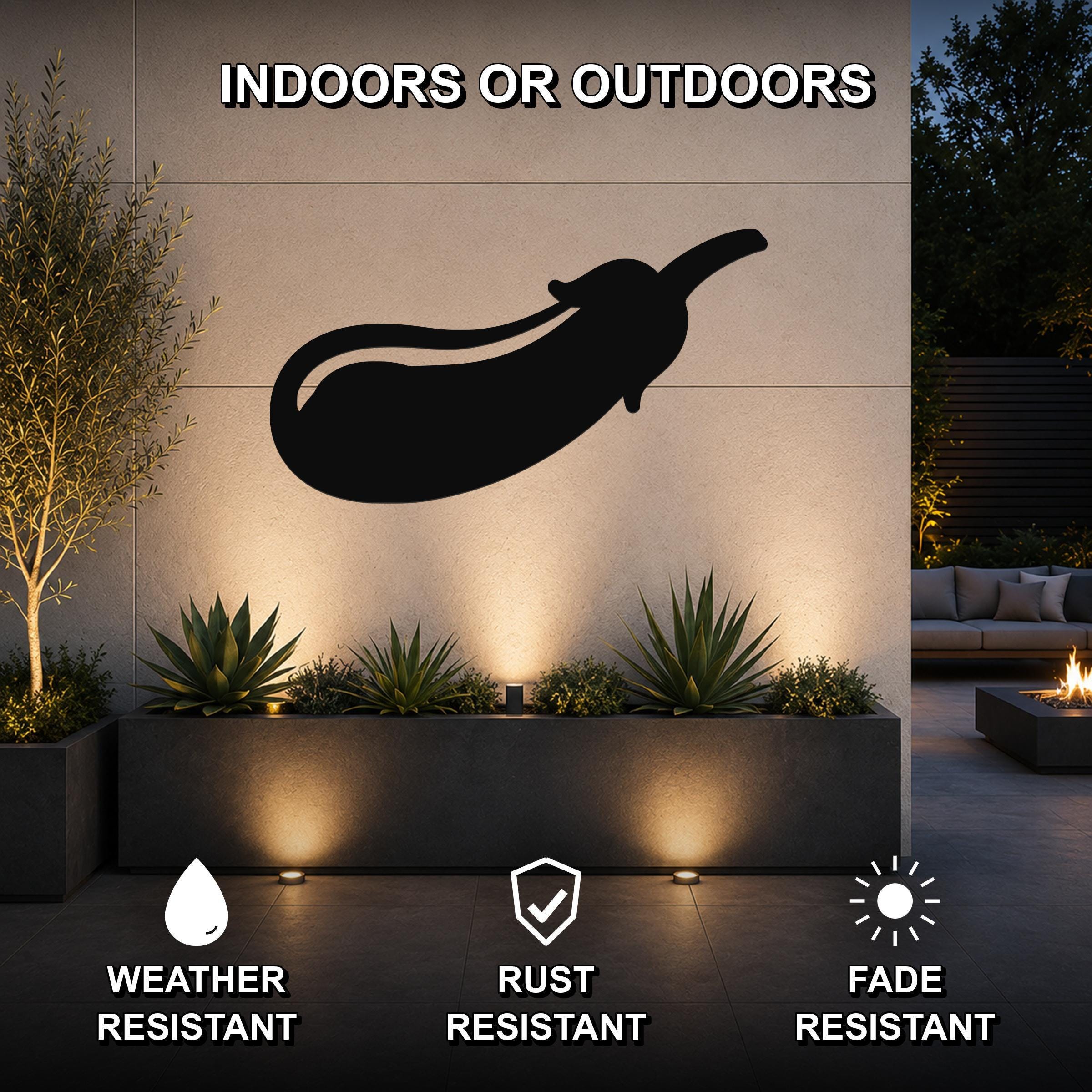 Black metal eggplant wall art silhouette mounted on an outdoor wall above a planter, with text indicating it is weather, rust, and fade resistant.