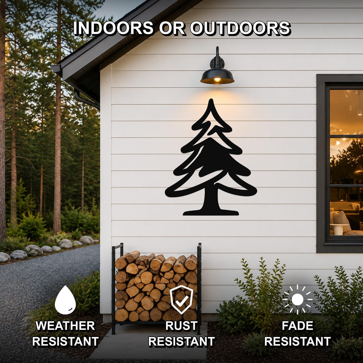 Black metal pine tree wall art with layered branch cutouts, mounted on a white horizontal siding exterior wall above a firewood rack, shown in an outdoor setting with a lit wall sconce.