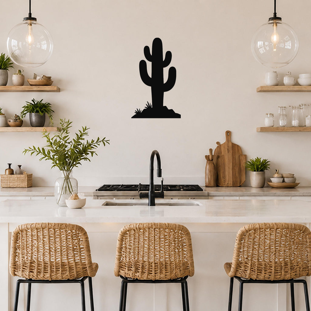 Black metal cactus wall art with a silhouette design, mounted on a kitchen wall above a counter.