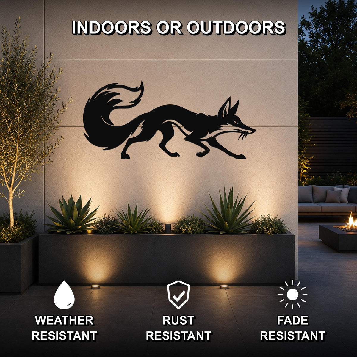Black metal fox silhouette wall art mounted on an outdoor wall above a planter, with text indicating it is weather, rust, and fade resistant for indoor or outdoor use.