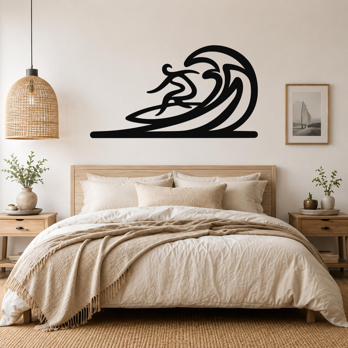 Black metal wall art in a silhouette of a surfer riding a wave, mounted above a bed in a bedroom.