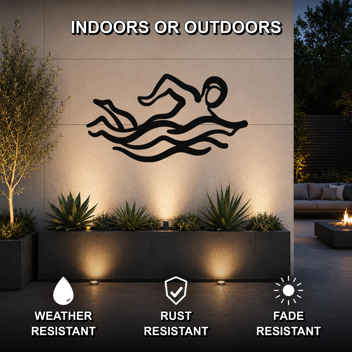 Black metal swimmer wall art with motion-line cutouts, mounted on an outdoor wall above a planter in a modern patio setting.