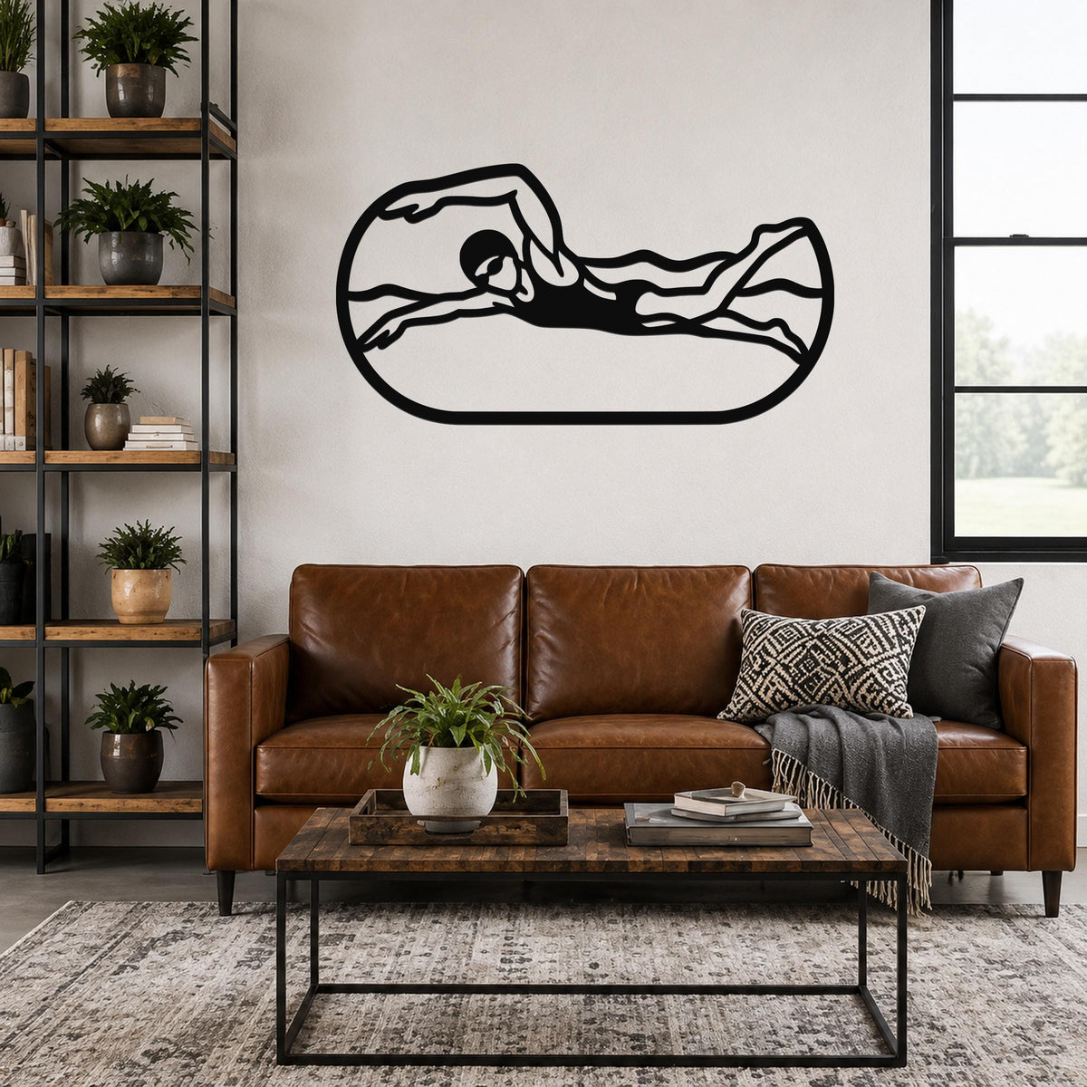 Black metal swimmer wall art with motion-line cutouts, mounted above a brown leather sofa in a living room.