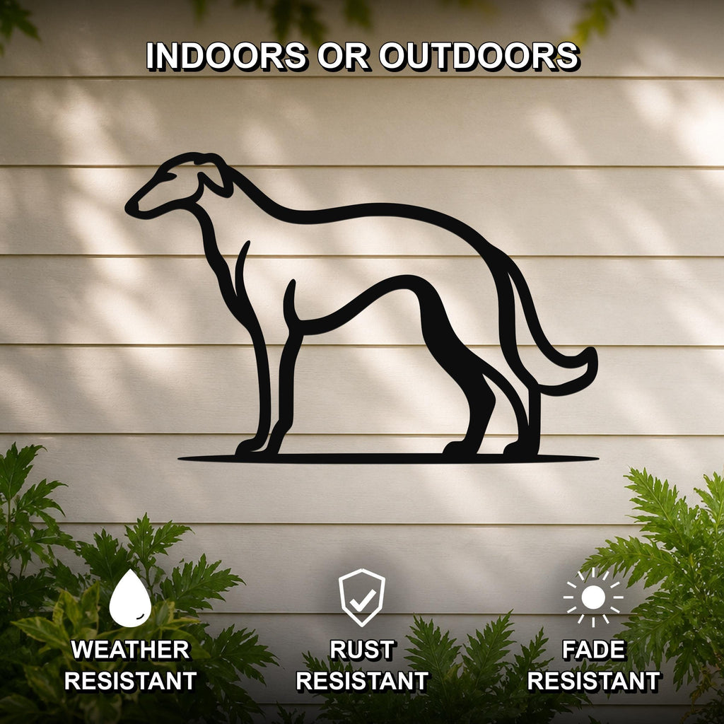 Black metal Borzoi dog silhouette wall art mounted on a light-colored outdoor wall, with green plants at the base and text indicating it is weather, rust, and fade resistant.