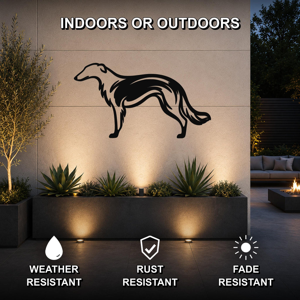 Black metal Borzoi dog wall art silhouette mounted on an outdoor wall above a planter, with visible weather-resistant, rust-resistant, and fade-resistant features.