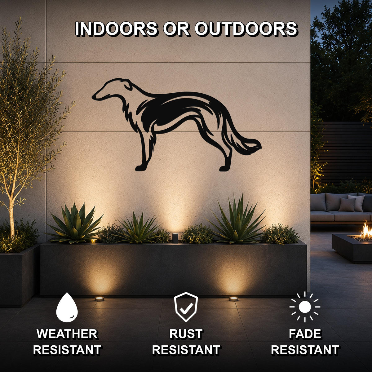Black metal Borzoi dog wall art silhouette mounted on an outdoor wall above a planter, with visible weather-resistant, rust-resistant, and fade-resistant features.