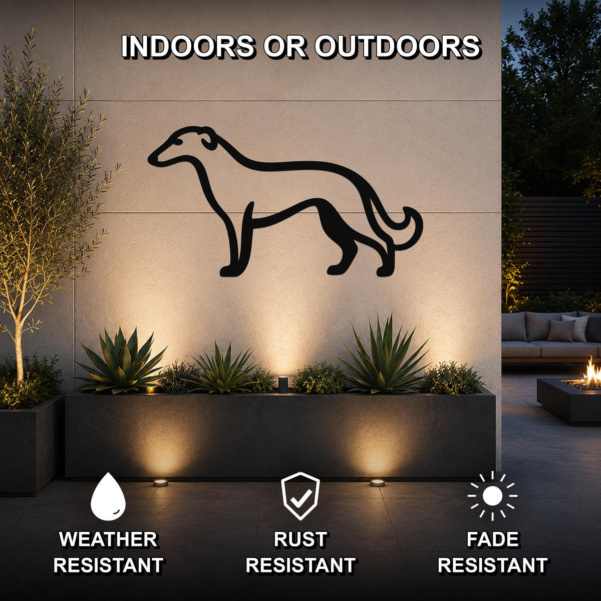 Black metal Borzoi dog silhouette wall art mounted on an outdoor wall above a planter, with text indicating it is weather, rust, and fade resistant for indoor or outdoor use.