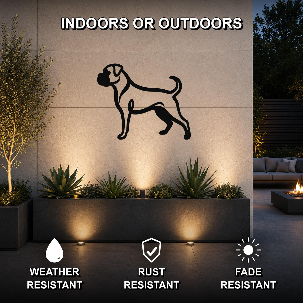 Black metal Boxer dog silhouette wall art mounted on an outdoor wall above a planter, with text indicating it is weather, rust, and fade resistant.