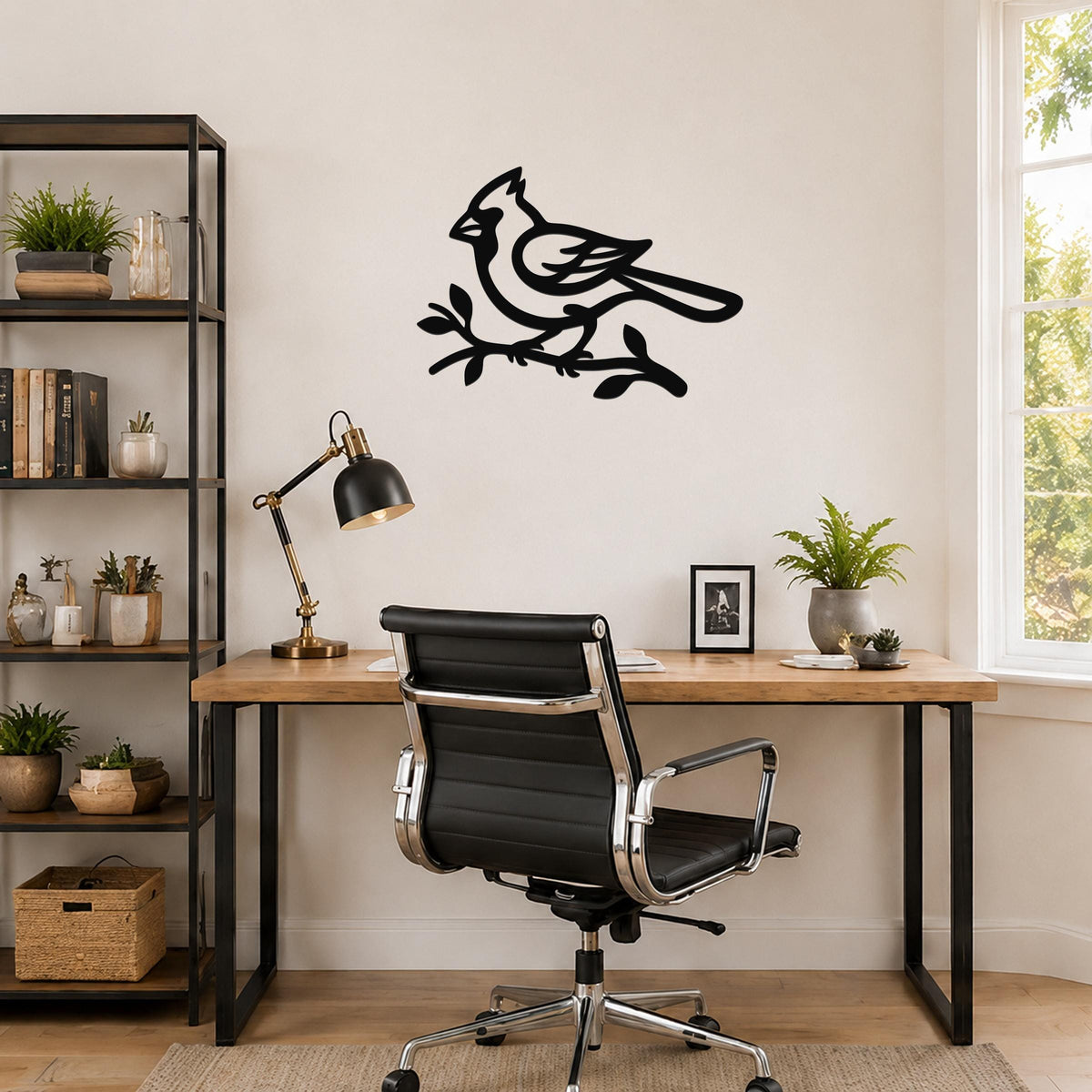 Black metal cardinal wall art in a bold silhouette cutout style, perched on a branch, mounted on a wall above a wooden desk in a home office.