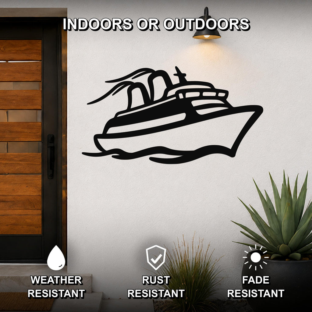 Black metal cruise ship wall art with motion-line cutouts, mounted on an outdoor wall beside a wooden door and potted plants.