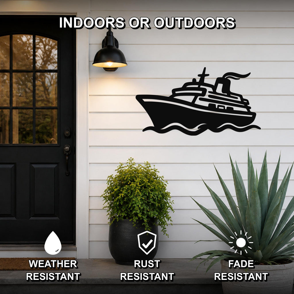 Black metal cruise ship wall art with wave cutouts, mounted on a white siding wall beside a front door, weather resistant, rust resistant, and fade resistant.